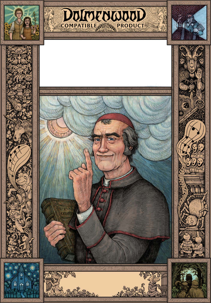 The Peculiar Parson of Prigwort cover art — an ornate Dolmenwood-compatible illustrated frame surrounding a portrait of the smiling, scheming Bishop Thorpeswallow